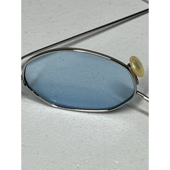 VTG Optica Geometric Wire Frame Sunglasses Silver Tone Metal Blue Lens + Case